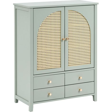 Scarpiera con 4 cassetti e 3 ripiani in legno MDF rattan PE verniciato menta Bendigo
