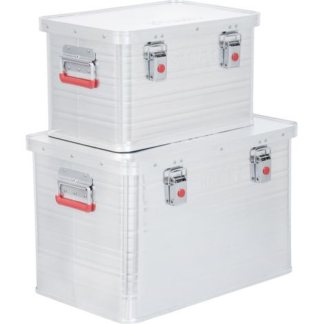STIER Alubox Set, 30L und 65L, stapelbare Transportkisten, Staub- und spritzwasserresistent mit Gummidichtung und Klapphandgriffen, großes Fassungsvermögen (1/5)