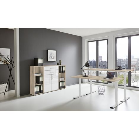 BMG Möbel Büromöbel-Set, e-Office Edition Set 13, Schreibtisch höhenverstellbar, 138 cm, Eiche Sonoma / weiß hochglanz
