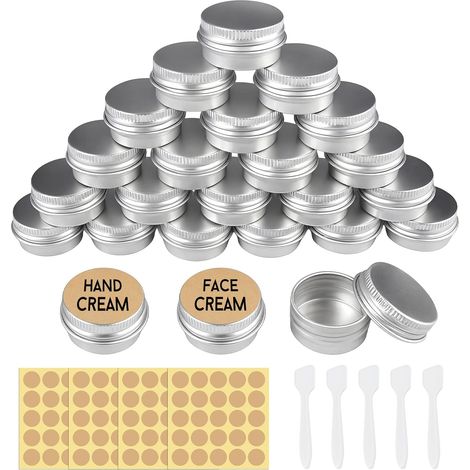 Set di 24 barattoli in alluminio, piccole scatoline rotonde in metallo da 5 ml, vasetti vuoti per crema con spatola ed etichette, barattoli vuoti per cosmetici, creme, balsamo per labbra, ideali per i (1/5)