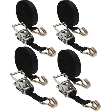 Lot de 4 sangles d'arrimage avec tendeur à cliquet et 2 crochets - 35 mm x 7 m - Noir - Linxor (1/3)