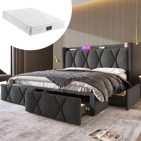 Lit avec rangement en tissu de lin gris 140x200 cm, tête de lit avec USB et prises, 4 tiroirs, sommier et matelas inclus (1/5)