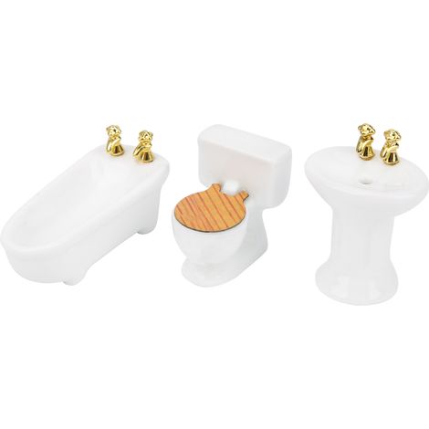 Ensemble de salle de bain miniature pour maison de poupée à l'échelle 1/24, baignoire, toilettes et lavabo en céramique blanche. (1/5)