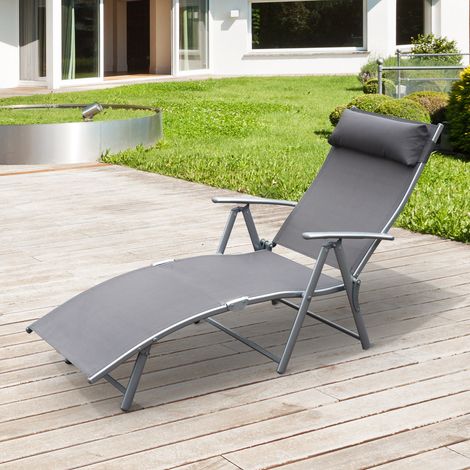 Transat de jardin pliable avec dossier réglable sur 7 positions, coussin et accoudoirs, 137 x 63,5 x 100,5 cm, gris (1/5)