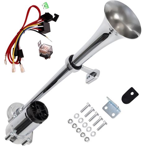 Clacson per auto da 12 V e 150 dB, 18 pollici, con tromba ad aria per camion, cromato, in zinco, con tromba singola integrata, argento, con cablaggio relè per pompa dell'aria del compressore, per qual (1/4)