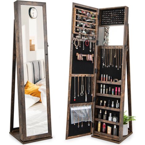 Armoire à bijoux sur pied marron en MDF P2 avec miroir pleine longueur, serrure, crochets et étagères pour chambre et dressing (1/5)
