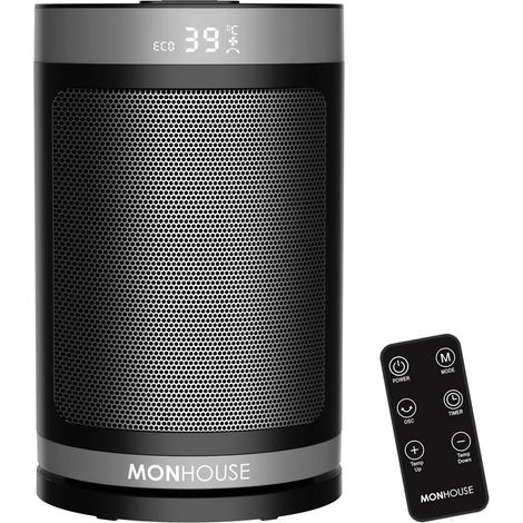 MONHOUSE Electric Space Heater - Remote Control/Overheat Protection - 12H Timer - 24cm - Black/Grey