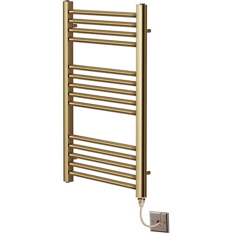 York Flat Brushed Brass Electric Towel Rail 500mm Wide x 800mm High