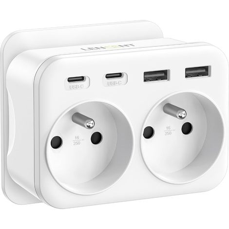 Prise USB Secteur, Chargeur Multiple, Multiprise Murale 6 en 1 2 Sorties AC,2 Type C et 2 USB Multiprise deux Prises Françaises pour Chambre Cuisine Bureau (1/5)