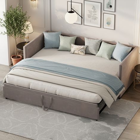 Divano letto con letto estraibile 90 x 200 / 180 x 200 cm, rete a doghe, struttura in metallo e rivestimento in velluto, letto matrimoniale, grigio (1/5)