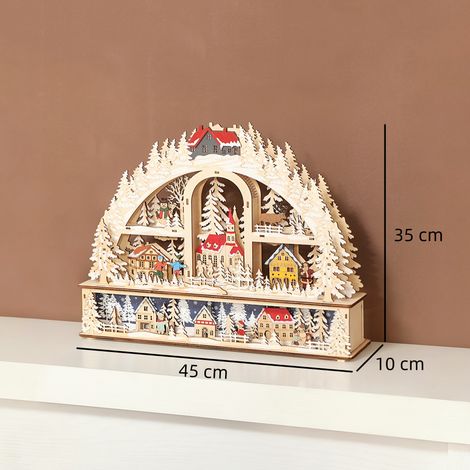 Village de Noël illuminé par des LED, 45 cm, avec bonhomme de neige, rennes et sapins, en bois naturel (1/5)