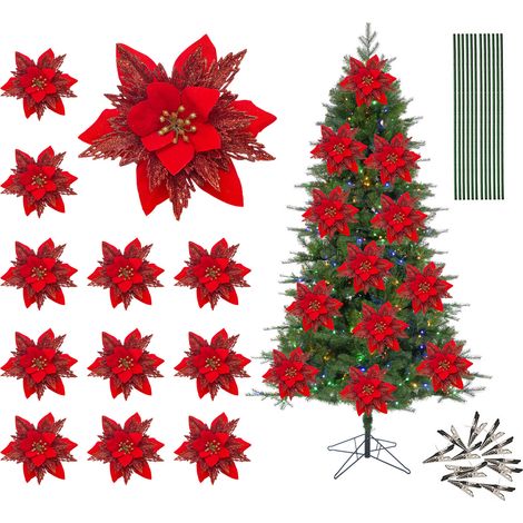 Ej.Life (12 Blumen + 12 Stangen + 12 Clips pro Packung) Weihnachtsblumen Weihnachtsbaumdekoration Zubehör DIY Blumenarrangement Simulationsblume Beliebtes Kranzmaterial-Rot (1/5)