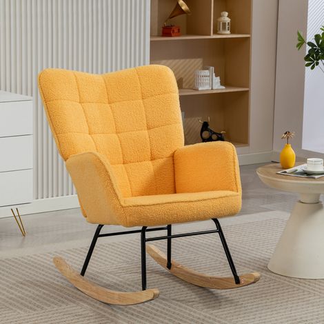 HOMCOM silla mecedora, mecedora de borreguito con respaldo alto, patas de madera de haya, reposabrazos, sillón de lactancia, carga 120 kg, amarillo (1/5)