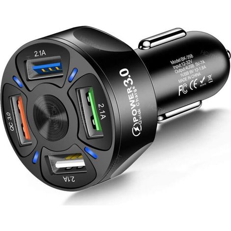 USB Car Charger, 4 in 1 Car Charger Adapter 7A 35W USB Fast Charging Device with LED Light for 12-32V Car SUV Off-Road Vehicle