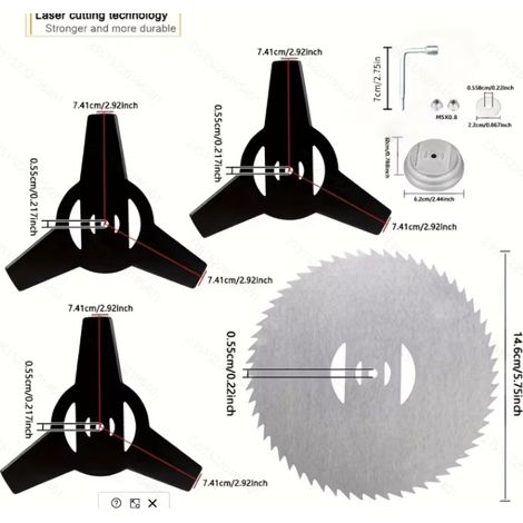 Kit 9 pièces : lames 3 dents, lame pointue, support alu, clé, écrous et rondelle pour débroussailleuse lithium (1/5)