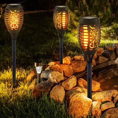 Lampada solare a innesto per esterno Luce a LED a innesto per giardino Decorazione effetto fuoco Picco di terra forato, plastica, DxH 7,5x51 cm, set di 3