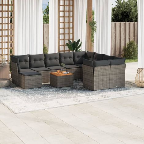 11-tlg. Garten-Sofagarnitur mit Kissen Grau Poly Rattan (1/3)