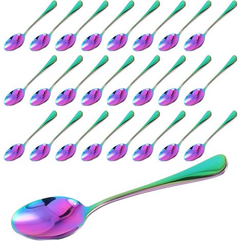 Lot de 25 cuillère, acier inoxydable, revêtement titane, arc-en-ciel, 13,5 cm, dessert, expresso, céréales