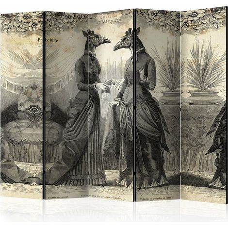 Paravent Conversation II : Élégance Vintage à 5 Volets - Beige et Noir (1/5)