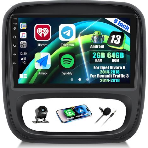 2+64G Traffic Android Autoradio pour Opel Vivaro B 2014-2018 Renault Traffic 3 2014-2021, 9 Pouces GPS Bluetooth Radio avec Carplay sans Fil Android Auto FM RDS WiFi EQ +Caméra de Recul (1/5)