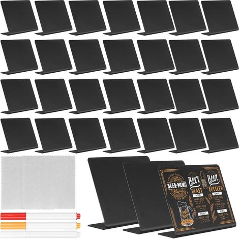 31 x mini slates 100 x 75 mm, L-shaped holder + 3 markers, 2 cloths L-shaped table/buffet holder price/place tags double-sided labels easy erasing reusable wedding/party. (1/5)