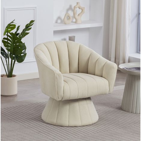 Poltrona girevole 360° in velluto a coste beige con schienale avvolgente e base stabile (1/5)