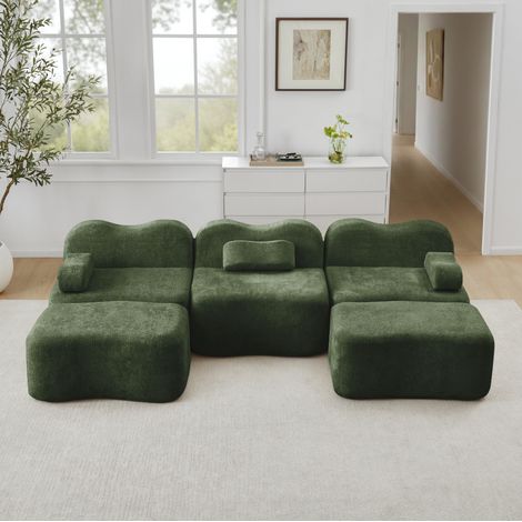 Modulares Ecksofa U-Form mit 2 Hockern aus Samt Grün OKMYHOME (1/5)