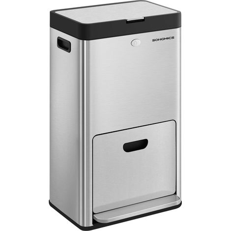 Songmics – Poubelle à pédale 60L – 3 compartiments pour ordures, déchets alimentaires et recyclables – Acier inoxydable avec filtre à charbon – Argent (1/5)
