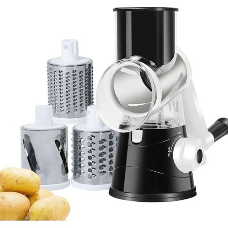 Broyeur à fromage rond à vitesse manuelle avec base d'aspiration puissante, broyeur de pommes de terre facile à utiliser avec 3 lames de tambour (1/4)