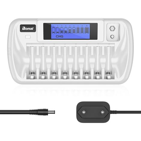 Chargeur de Piles LCD 8+1 Slots, Universel AA/AAA/9V Ni-MH, Écran LCD Intelligent, Charge Indépendante, Fonction de décharge intégrée (1/5)