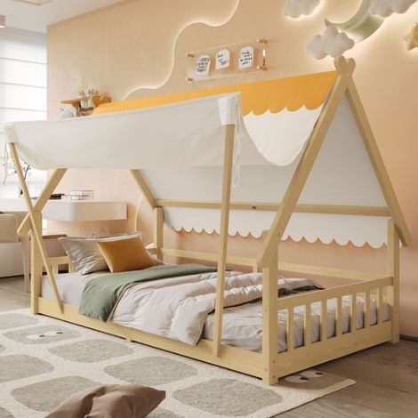 Cama infantil 90x200 cm blanca y natural, de madera, con techo desmontable (1/4)
