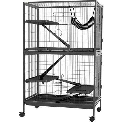 Cage pour petits animaux avec roues rampes hamac et bac amovible Chinchillas Hurons 80x52x128 cm Gris