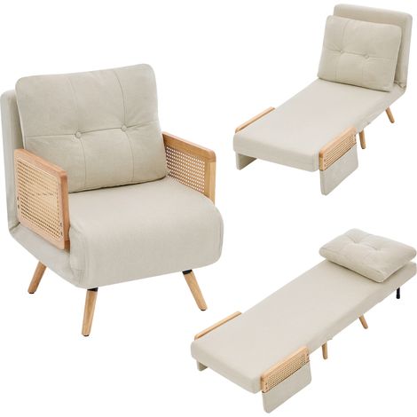 3-en-1 sillón cama con función de sueño, sillón reclinable plegable y cama para huéspedes, sillón lounge acolchado con respaldo ajustable en 5 posiciones y reposabrazos de ratán, Beige. (1/5)