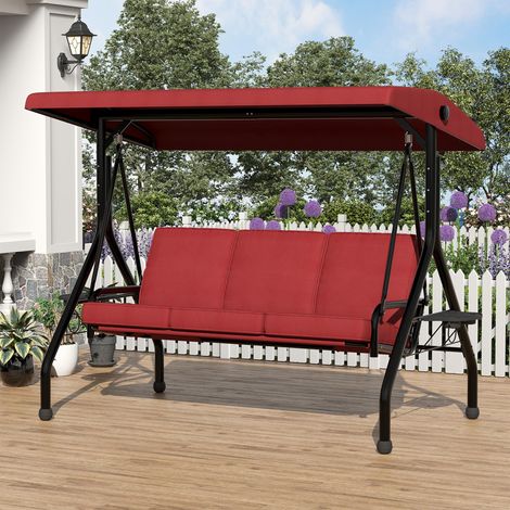 Balançoire de Jardin 3 places, auvent protecteur, coussins confortables, structure robuste résistante aux intempéries, Rouge (1/5)