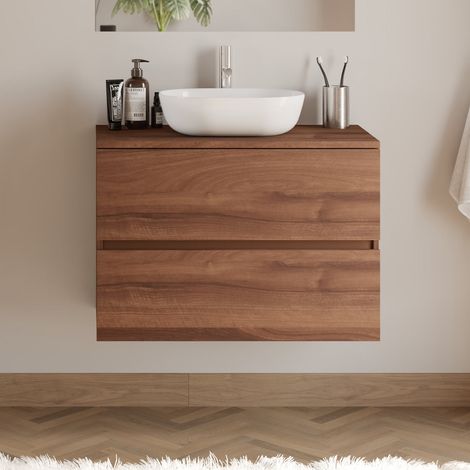 Meuble de salle de bain 70cm avec plateau et vasque à poser arrondie - 2 tiroirs - sans miroir - noyer (bois foncé) - IDA (1/5)