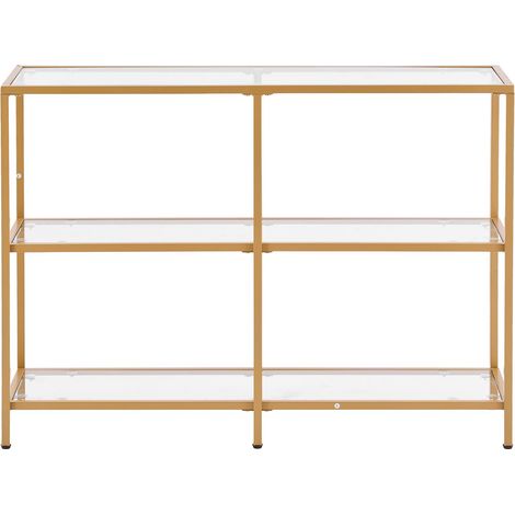 Table console en verre 3 niveaux, design moderne, plateau en verre trempé, pieds en fer doré, avec dispositif anti-bascule, idéale pour salon, entrée ou couloir. (1/5)