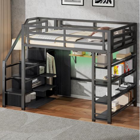 Letto rialzato 140x200 cm con LED, ripiani, armadio e scala contenitore, in metallo nero, materasso non incluso (1/5)