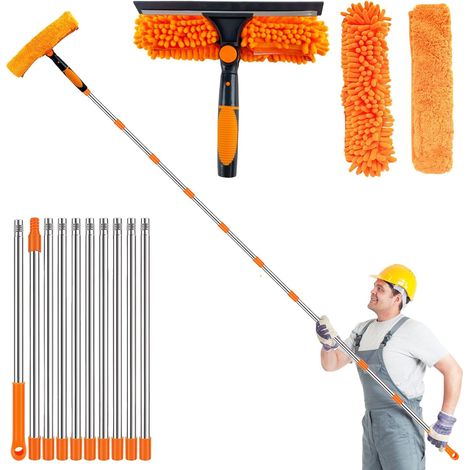 4.3M Nettoyeur de Vitre 3en1 Raclette Vitre Professionnel, Lave Vitre Telescopique avec Raclette en Silicone et Brosse en Microfibres, Nettoyage Vitre pour Fenêtres et Voiture (Orange) (4.3M) (1/5)