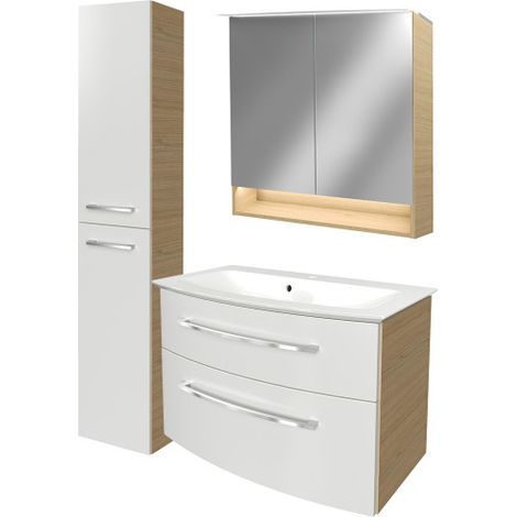 Fackelmann B.STYLE Badmöbel Set mit Waschbecken mit Unterschrank 80 cm breit – Spiegelschrank Bad mit Beleuchtung und Hochschrank in Weiß mit Holz braun – Badezimmermöbel in Sandeiche Holzoptik"-"9018 (1/5)