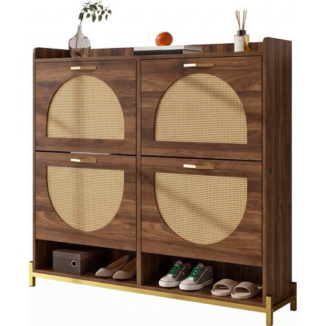 Schuhschrankmit4Klappen,Schuhkipper,Schuhaufbewahrungsschrank,SchuhschrankmitRattan-Optik,Schuhorganizer,Flurschrank,Eingangsschrank,MDF-Korpus,Zinklegierungsgriffe,Eisenfüße (1/5)