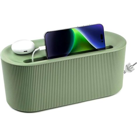 Organizador de cables con tapa, color verde, diseño compacto. (1/3)