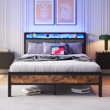 Cadre de lit 140 x 200 cm avec éclairage LED intelligent  rangement intégré et port de charge USB dans la tête de lit  structure robuste en métal avec sommier à lattes  conception silencieuse  montage (1/5)