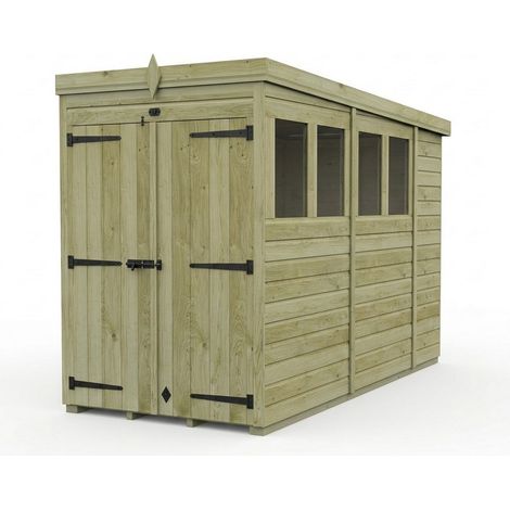 4ft x 10ft Pent Garden Shed Double Door With Windows - Pressure Treated Timber - L122 x W305 x H210 cm - Natural