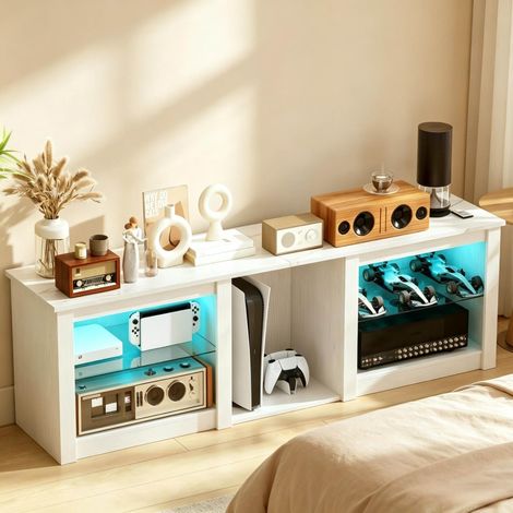 Mobile TV LED 160 cm con ripiani in vetro regolabili, bianco, per TV fino a 70 pollici OKMYHOME (1/5)