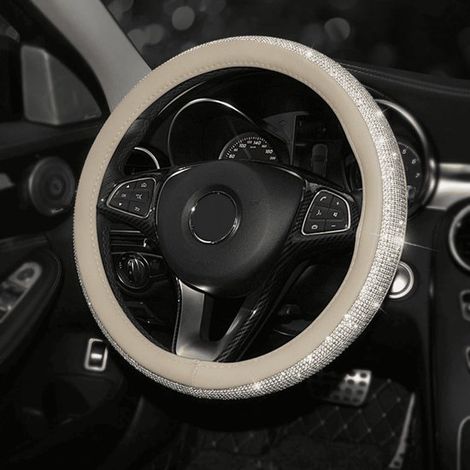 Housse de volant en cuir beige Bling Diamond ornée de strass scintillants. Convient aux volants de voiture, convient aux femmes et aux filles. (1/5)