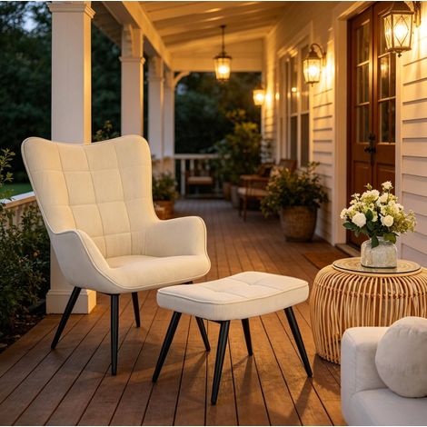 Sillon relax con reposapies de pana blanco crema, estructura metalica, 50 x 49 x 97 cm (1/5)