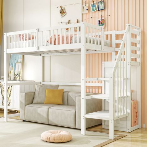 Letto rialzato bambini 90x200 cm con scala, armadio e sponda di sicurezza, in legno, bianco (1/5)