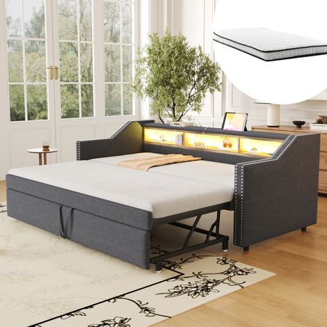 Polsterbett ausziehbar 90/180x190 cm, dunkelgrau, Seitfächer, USB und LED (1/5)