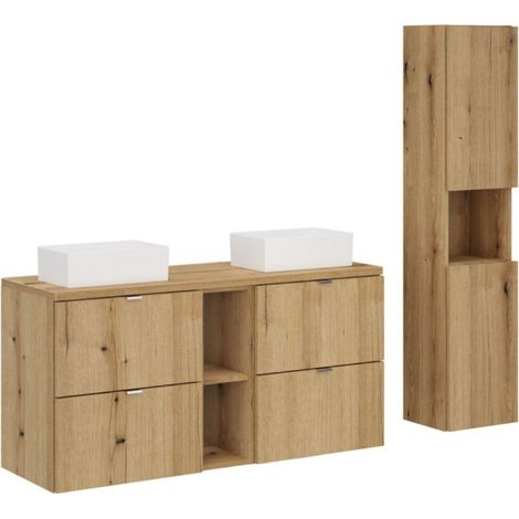 Insieme VANO effetto quercia 150cm: mobile sotto lavabo con cassetti e nicchie + piano per lavabo + lavabi da appoggio + colonna