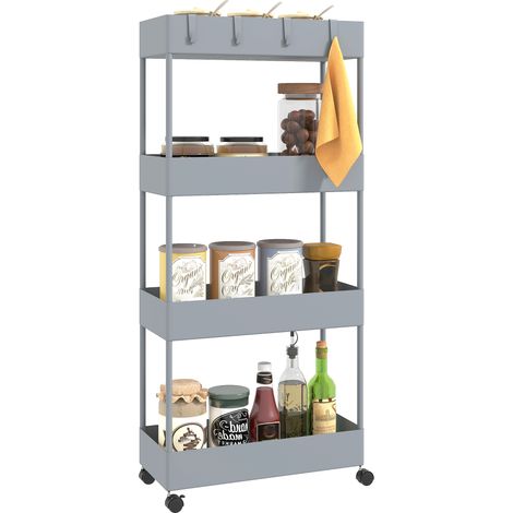 Beyamis 4-stöckiger Küchenwagen mit 4 Rollen, 4 Körben und 4 abnehmbaren Haken für das Wohnzimmer, 40 x 19 x 90 cm, Grau